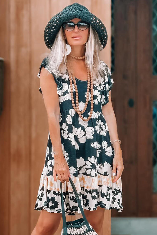 Dark Green Floral Print Ruffle Sleeve Empire Waist Mini Dress 09ee279861af4235