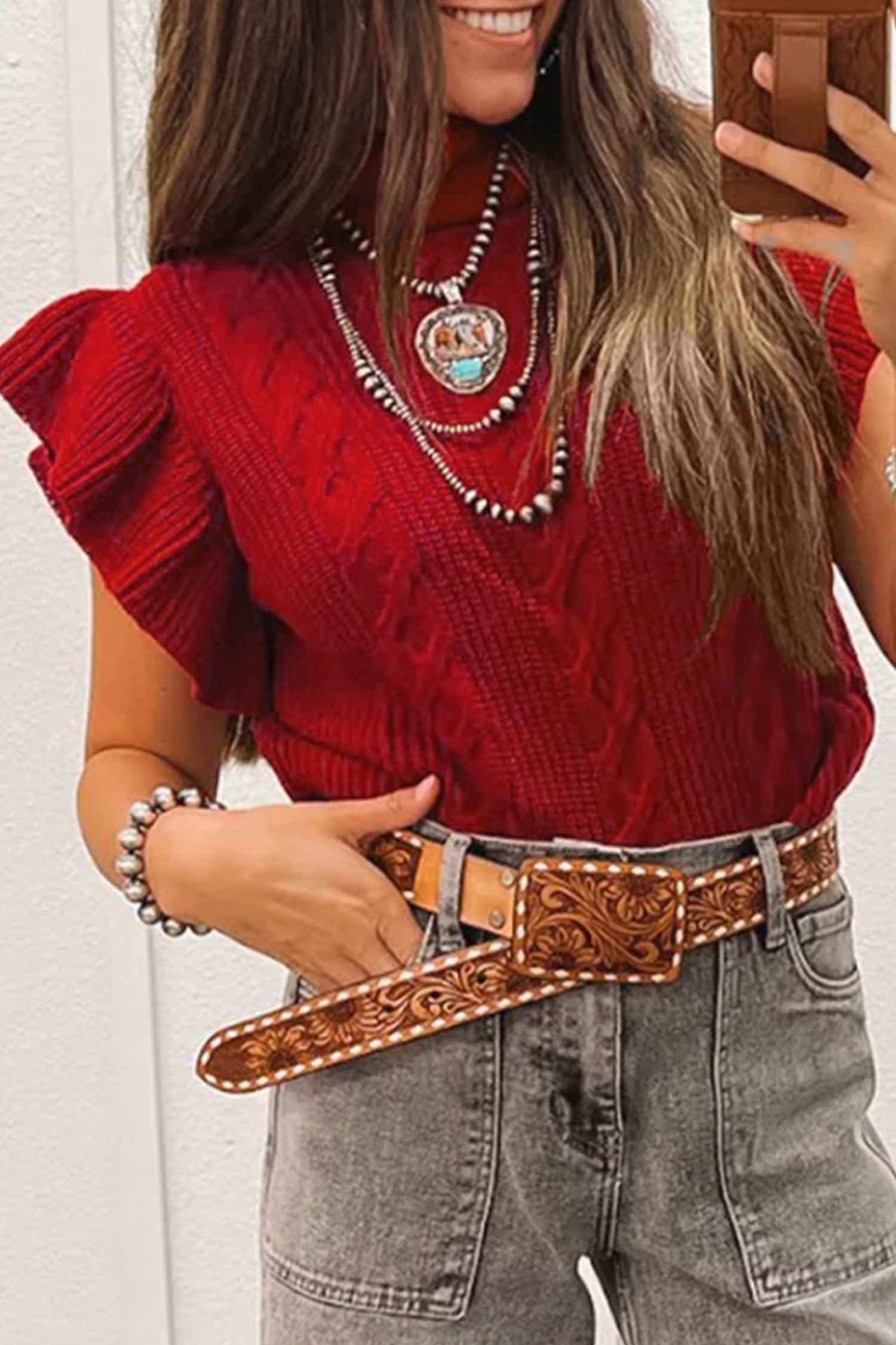 Tomato Red Cable Knit Turtleneck Ruffled Short Sleeve Sweater Tomato Red 52%Viscose+26%Polyester+22%Polyamide 09f02c4b6cc4e5f2