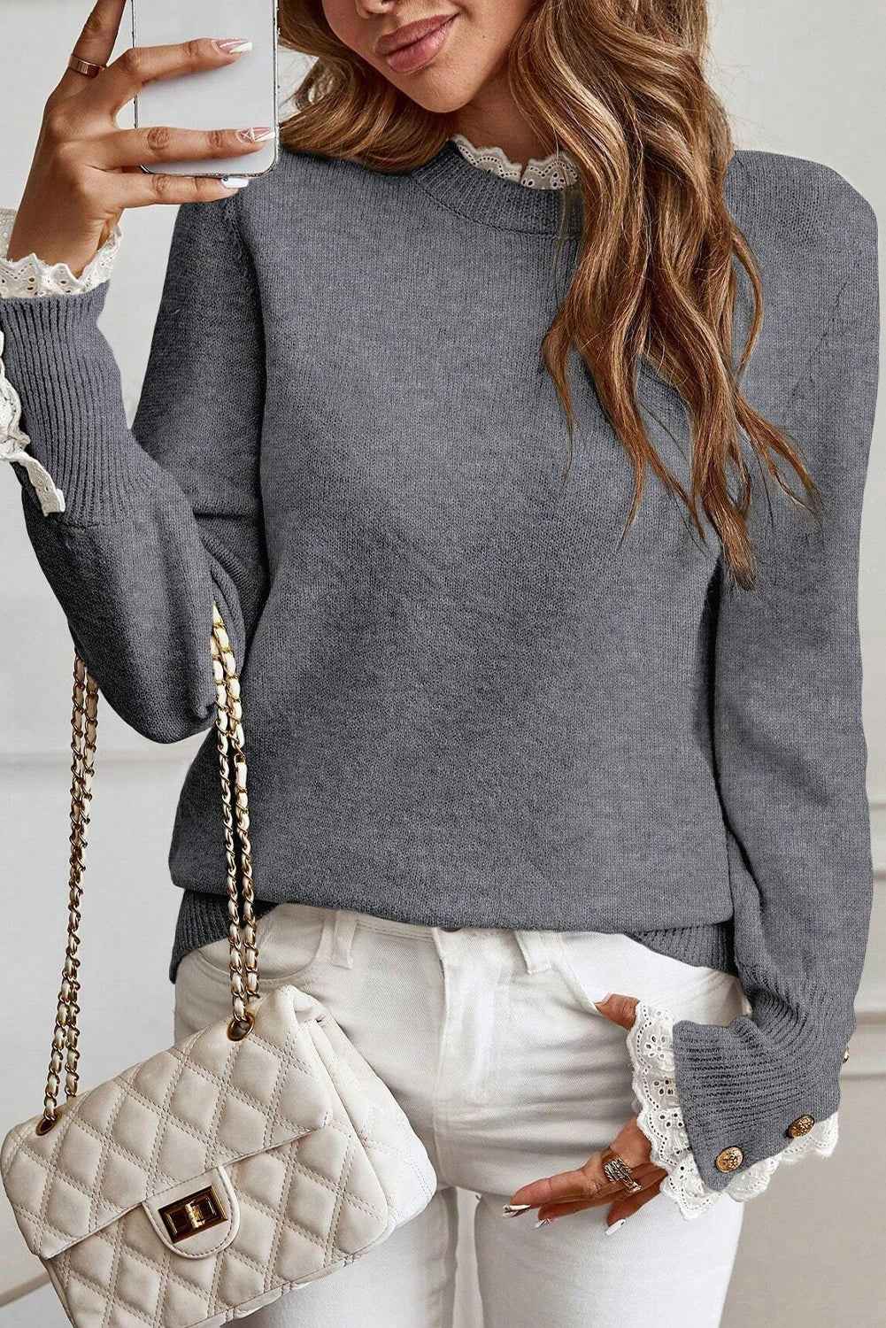 Racing Red Lace Trim Patchwork Buttoned Cuffs Loose Sweater 09f077ac7ff0b925