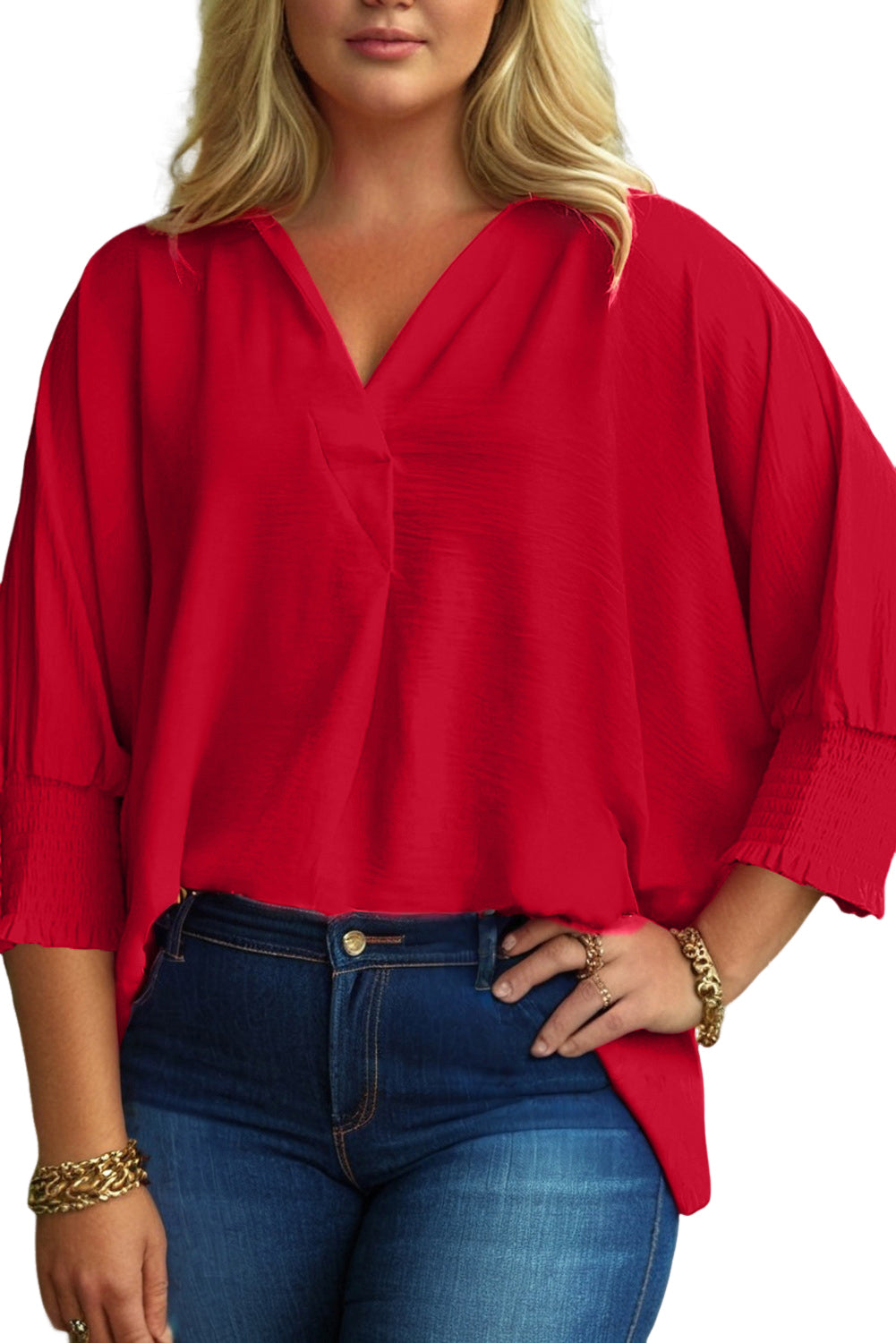 Fiery Red Plus Size Shirred Cuff Dolman Oversized Tunic Blouse Fiery Red 100%Polyester 09f36f8bc6e43a13