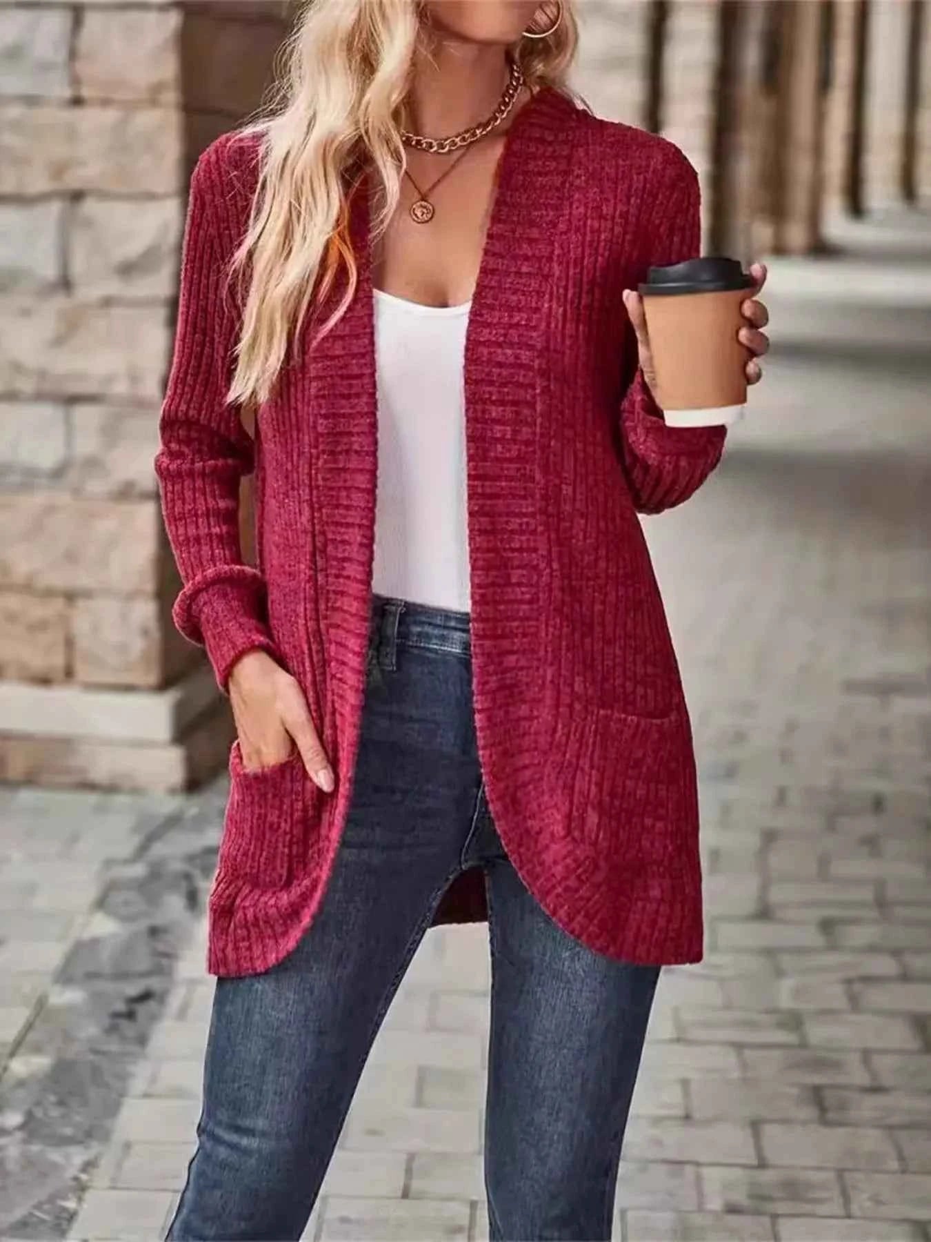 Ribbed Open Front Long Cardigan with Pockets