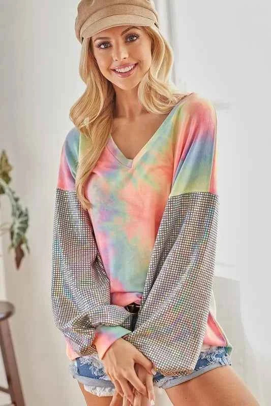 BiBi V Neck Tie Dye French Terry Top with Shiny 09f572234246442b9331c1a376ec5e87-Max-Origin