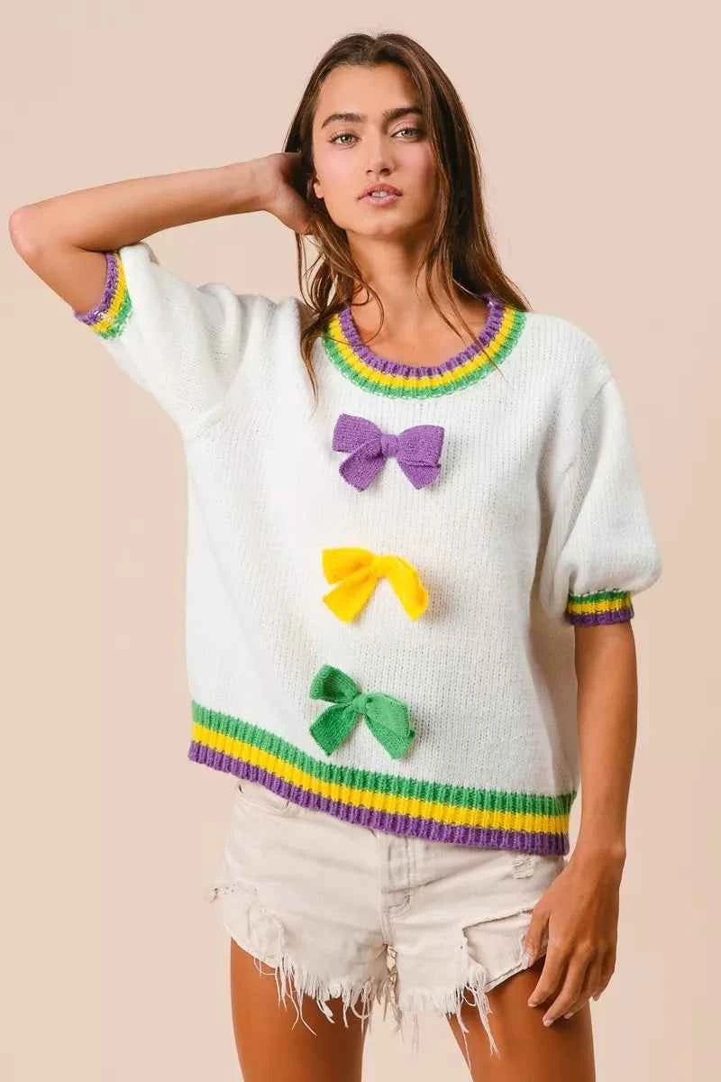BiBi Short Puff Sleeve Ribbon Bow Mardi Gras Sweater 09f78791a2184cb09436825a1e0d80e3-Max-Origin