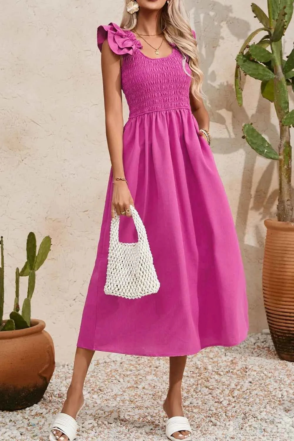 Solid Color Ruffled Straps Smocked Ruched Maxi Dress 0a1029a8-719e-43d3-9b74-9b29afa991f6-Max-Origin