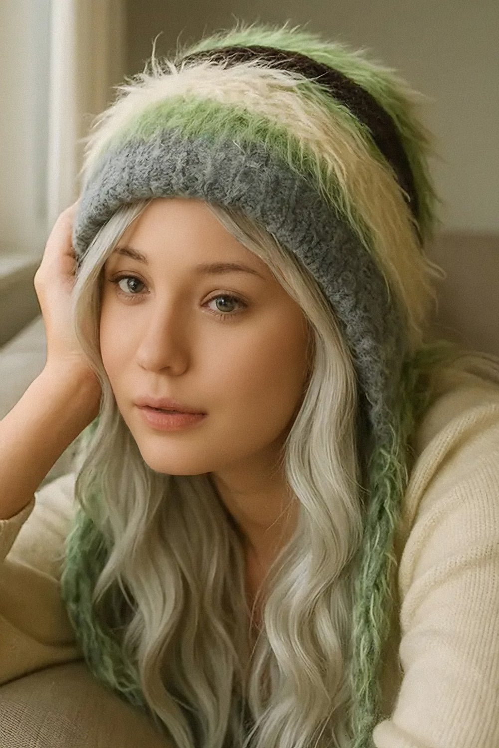 Spinach Green Plush Striped Knit Ear Warm Beanie Hat 0a1199fa518d0ead