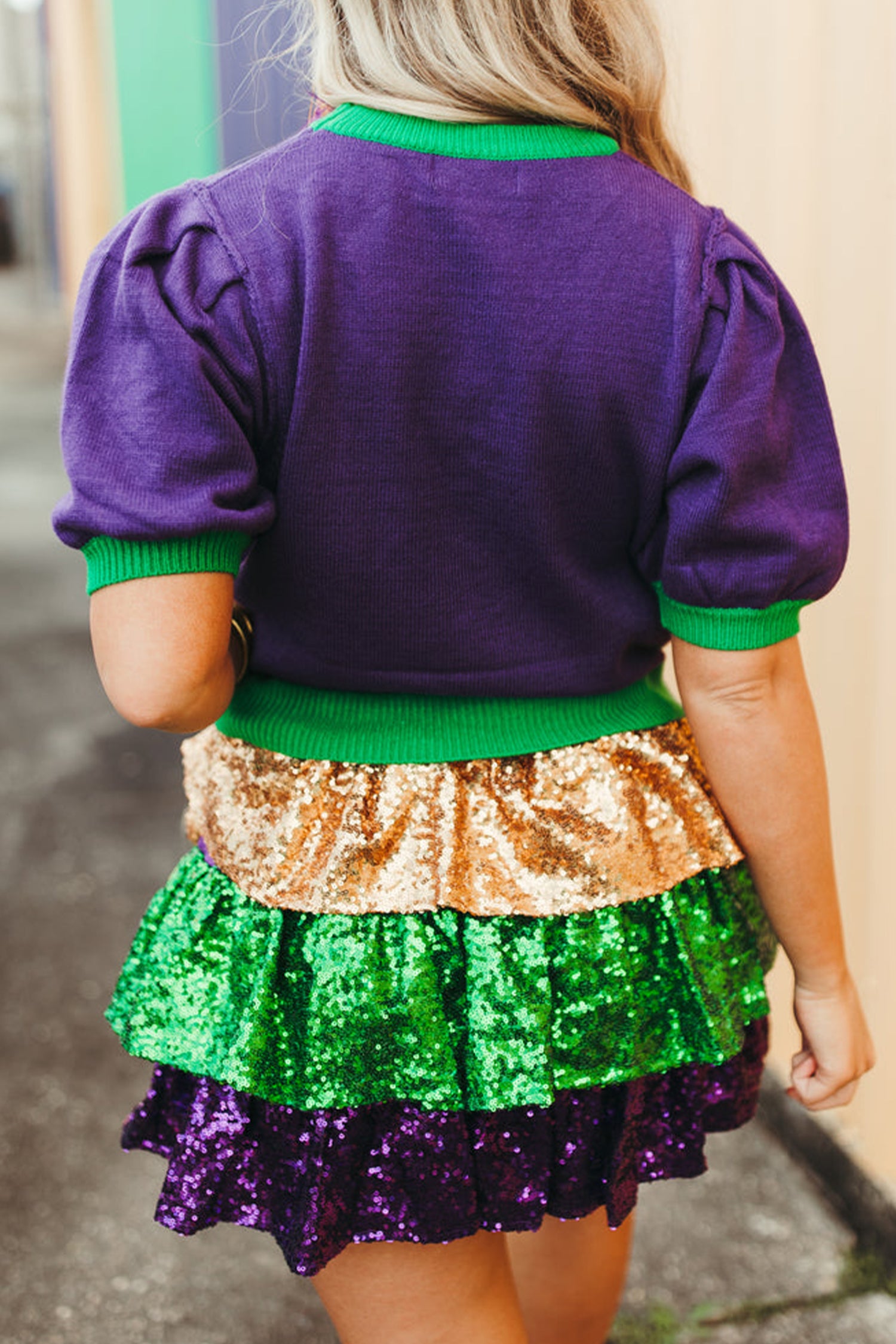 Tillandsia Purple Mardi Gras Tinsel Graphic Short Sleeve Sweater 0a11a2f37dd0fc8e
