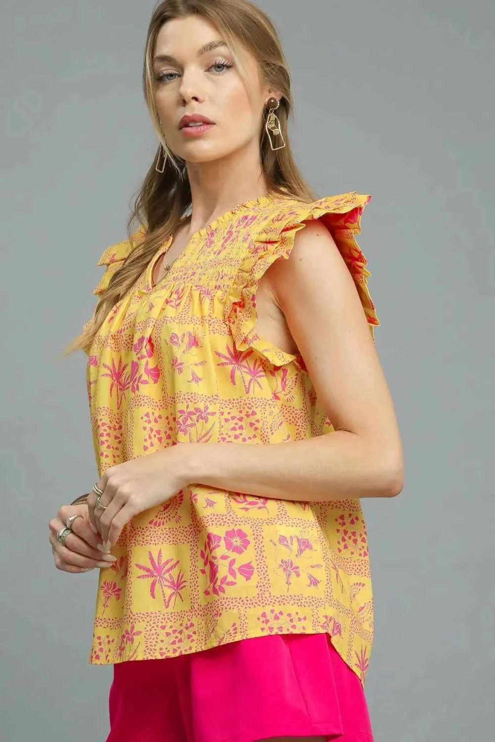 Umgee Printed Ruffle Cap Sleeve Blouse 0a141371-7d61-4c1e-b7b8-b5cda53e8268-Max-Origin