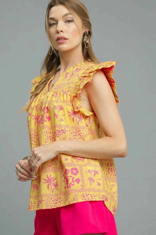Umgee Printed Ruffle Cap Sleeve Blouse 0a141371-7d61-4c1e-b7b8-b5cda53e8268-Max-Origin