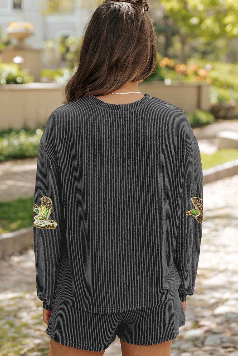 Carbon Grey Ribbed Long Sleeve Top and Shorts Flying Mallard Sequin Patched Graphic Set 0a156208f4acee22