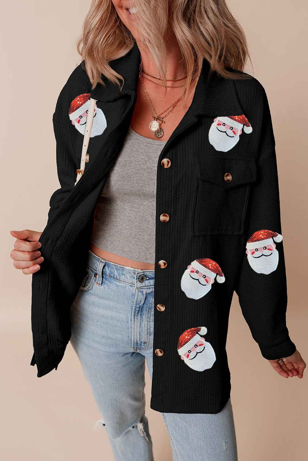 Black Sequin Father Christmas Graphic Button Down Ribbed Shacket 0a1b98219810c5f2