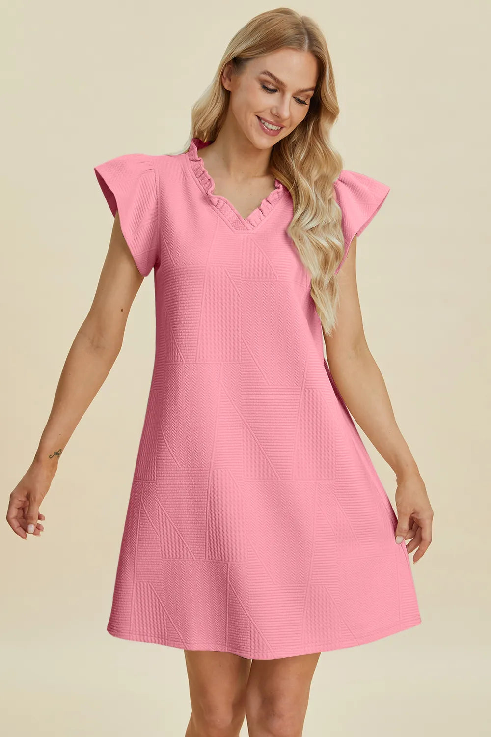 Double Take Full Size Ruffled V-Neck Cap Sleeve Dress 0a2416b3-92d5-4d52-8dda-836b5f24eddf-Max