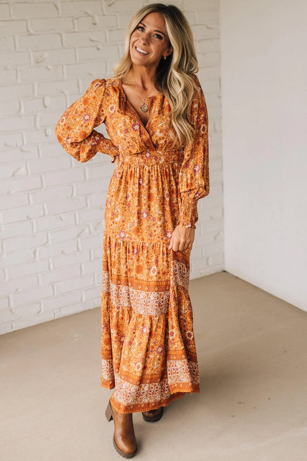 Orange Floral Print Smocked Waist Long Sleeve Boho Maxi Dress 0a2523767a7463b4