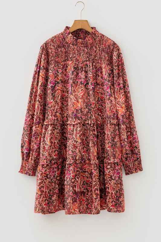 Floral Shirred Mock Neck Long Sleeve Mini Dress Red 0a25f72d-ec16-47cc-b719-72bd4ed56de9
