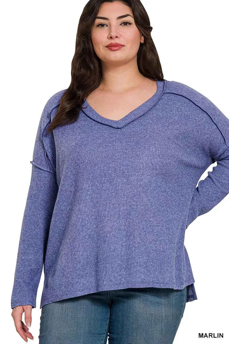 Zenana Full Size Brushed Ribbed Hacci Drop Shoulder V-Neck Sweater Plus Size 0a28462a-f2d9-4cb9-adb3-f1ef9583e4ab-Max-Origin