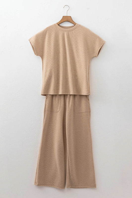 Light French Beige Solid Color Short Sleeve Ribbed Top Casual Pants 2pcs Set 0a30dce23a5d2f4a