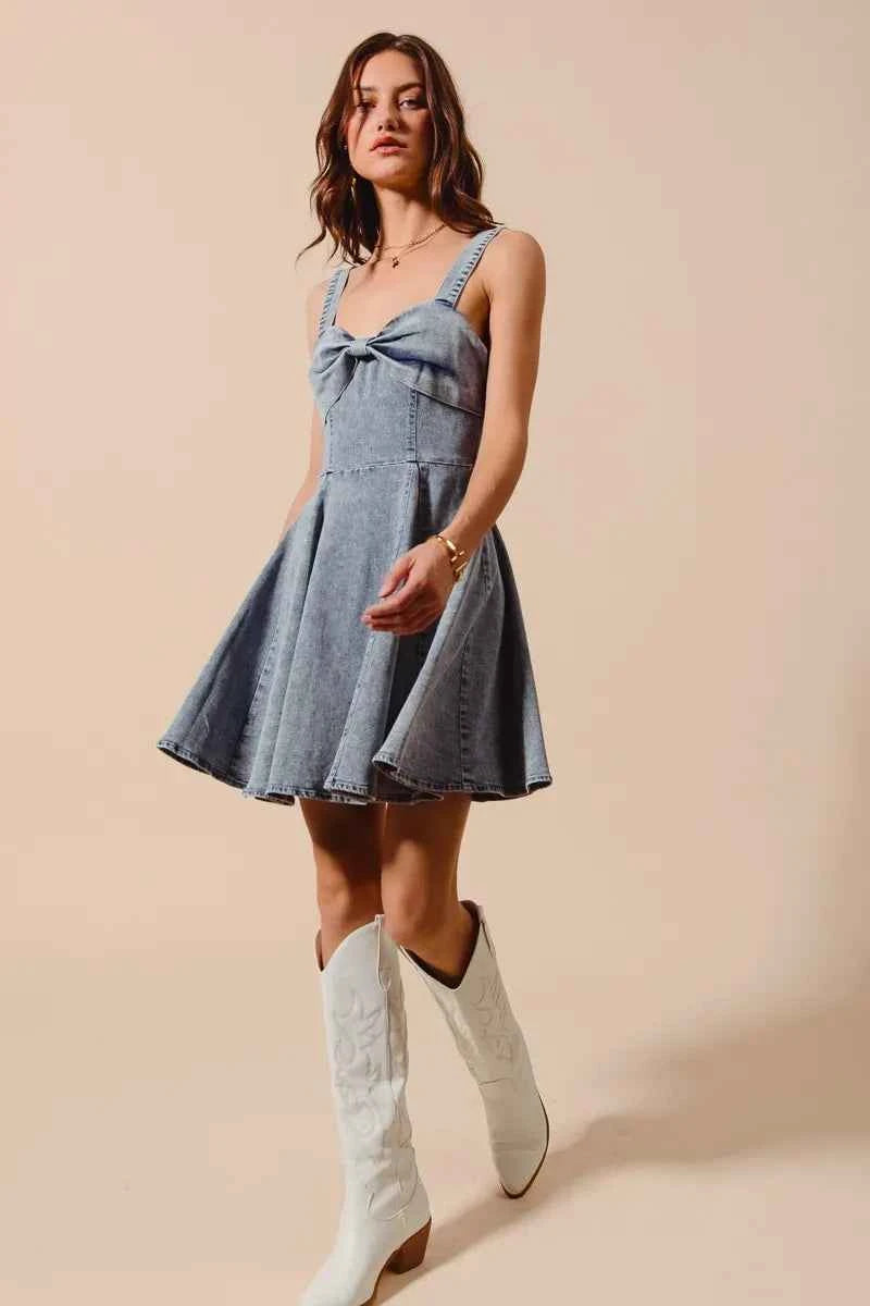Mineral Washed Bow Ribbon Denim Flare Dress 0a3419af1af84e2da20befd3969ae229-Max-Origin
