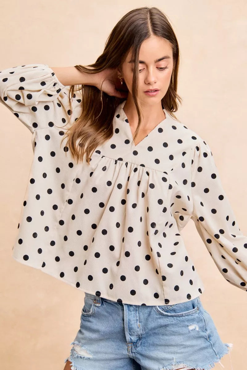 BiBi Polka Dot Corduroy Quarter Sleeves V Neck Blouse 0a3709a591b44ff6a2fdd621cc6a2a95-Max-Origin