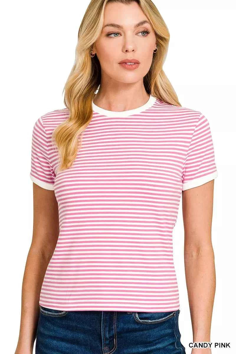 Zenana Striped Contrast Trim Tee CANDY PINK 0a3e72f629984390bad08640ea4bedea-Max-Origin