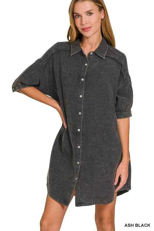 Zenana Washed Double Gauze Button Down Shirt Dress ASH BLACK 0a44dc674d654f6f88a725624e127ea9-Max-Origin