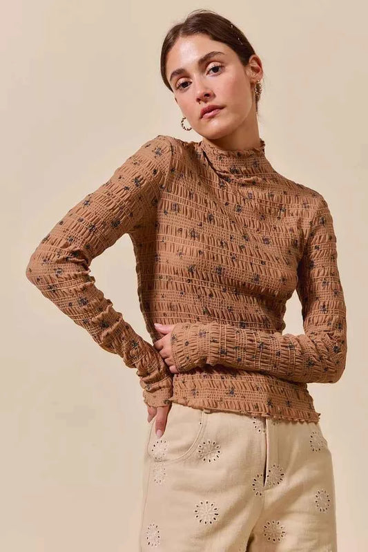 SO ME Floral Print Textured Long Sleeve Knit Top BROWN 0a494b8a42a6463c87f105146281a516-Max-Origin
