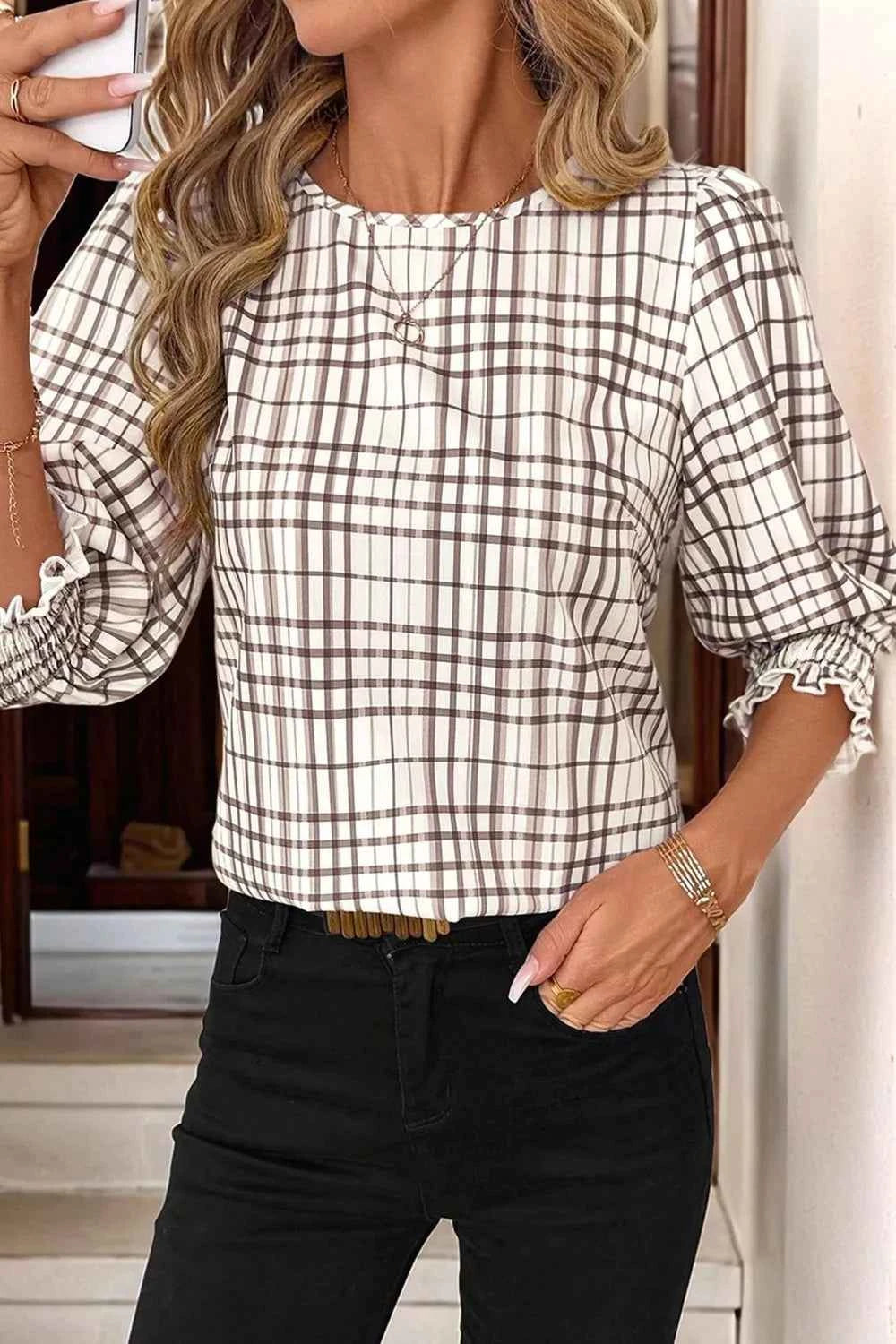 Plaid Round Neck Half Sleeve Blouse Plaid 0a4aa289-f566-48cf-94b7-dc16629c49f8-Max-Origin