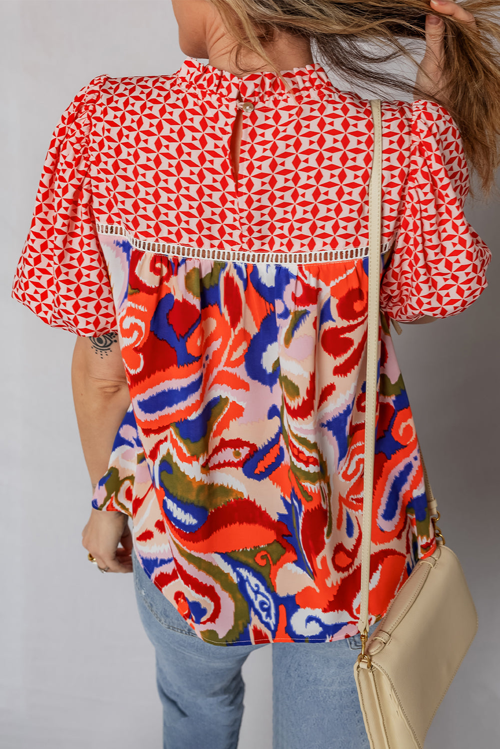 Red Paisley Geometric Mixed Print Patchwork Puff Sleeve Blouse Top 0a4dc6119a726279