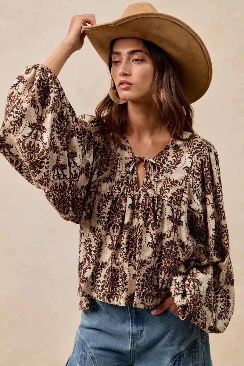 BiBi Printed Woven Front Tied Blouse with Baloon Sleeve 0a4e25afa27349a7a61aa59d40072487-Max-Origin