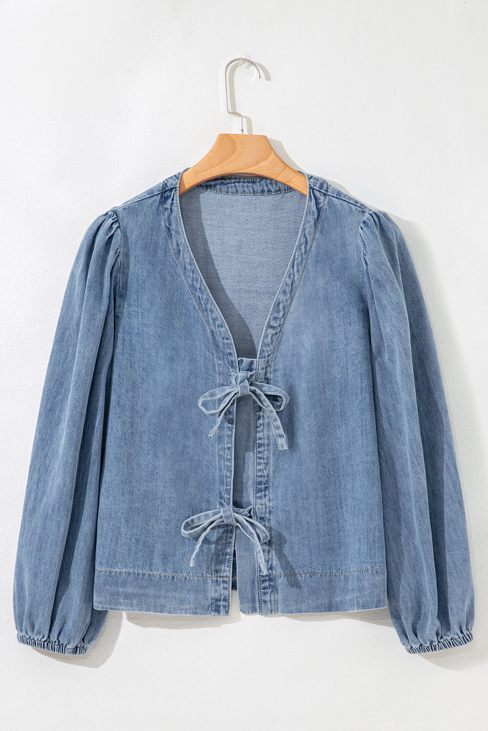 Dusk Blue Bow Tie Front Puff Sleeve Denim Top 0a4ede86cffa518b