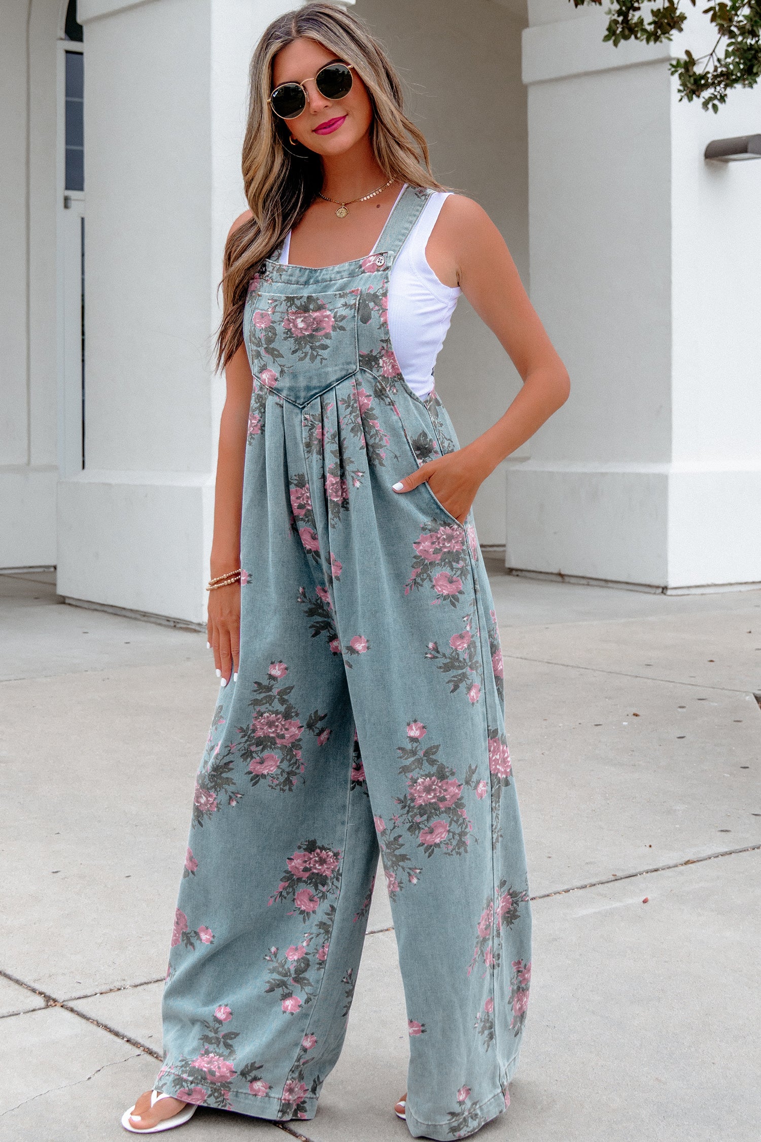 Beau Blue Floral Print Pleated High Waist Wide Leg Denim Jumpsuit 0a568b3a08d99640