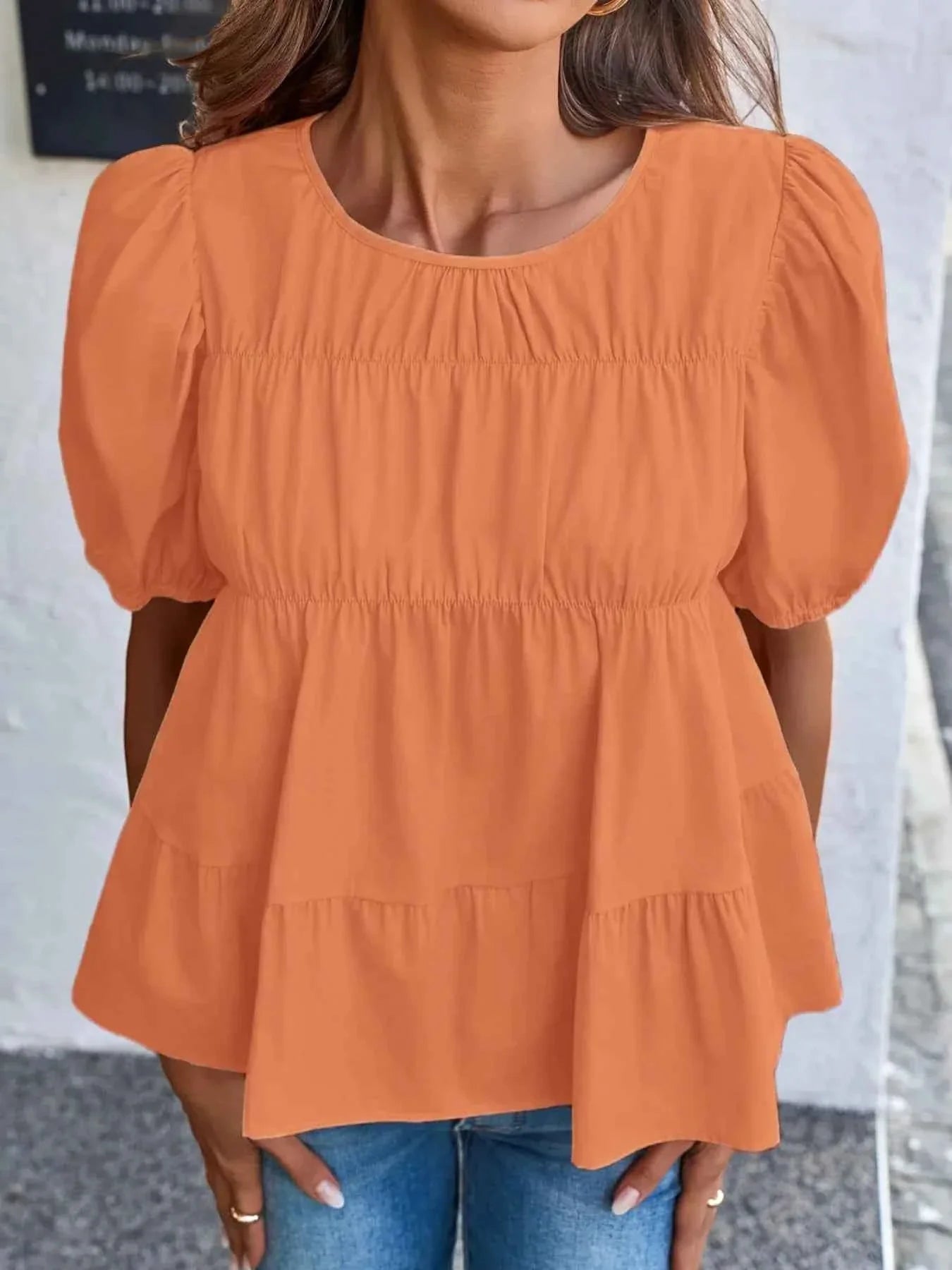 Round Neck Puff Sleeve Tiered Blouse 0a581628-bd00-4c41-bf8d-391b0acf09bf-Max-Origin
