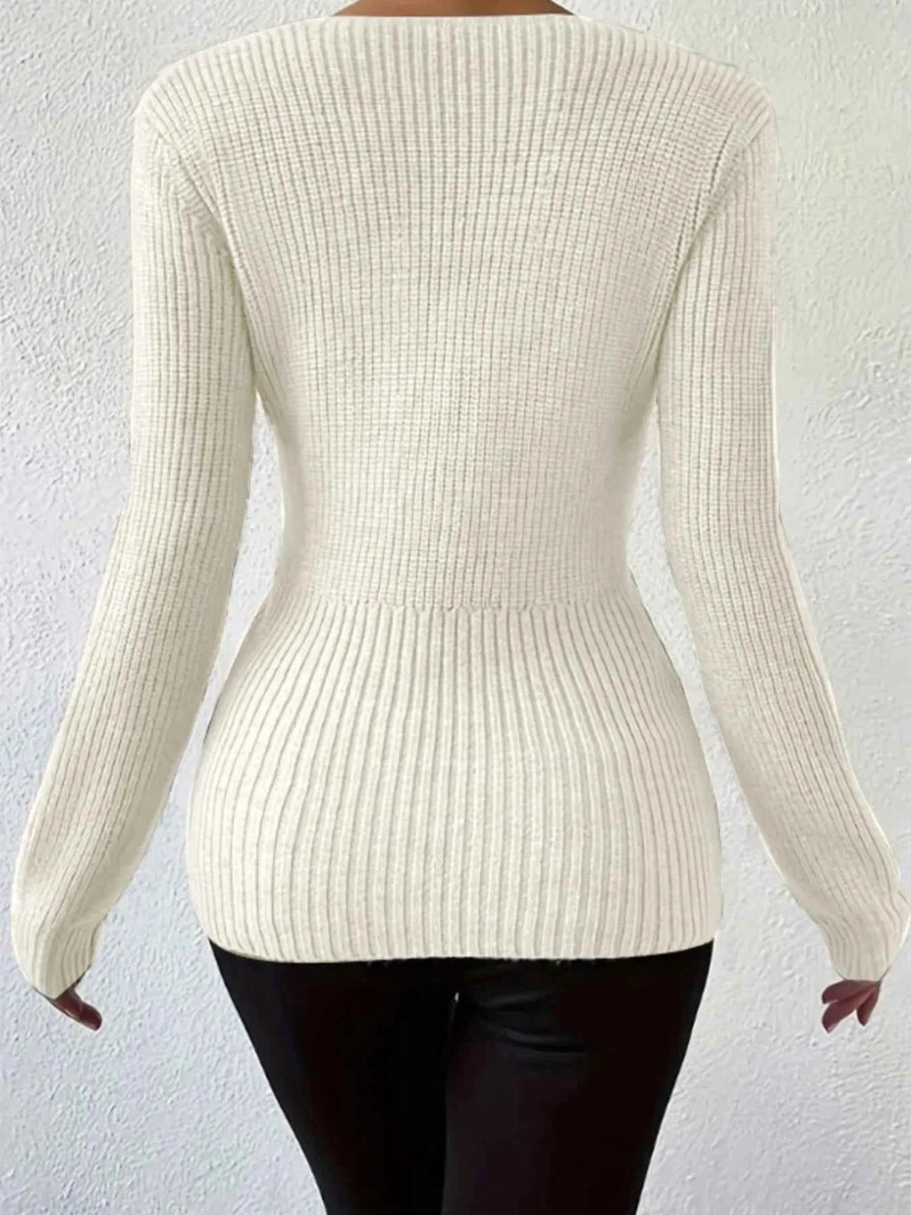 Ribbed V-Neck Knit Top with Twist Front Detail 0a5b7f6effcf4a2090c5425168026358-Max-Origin