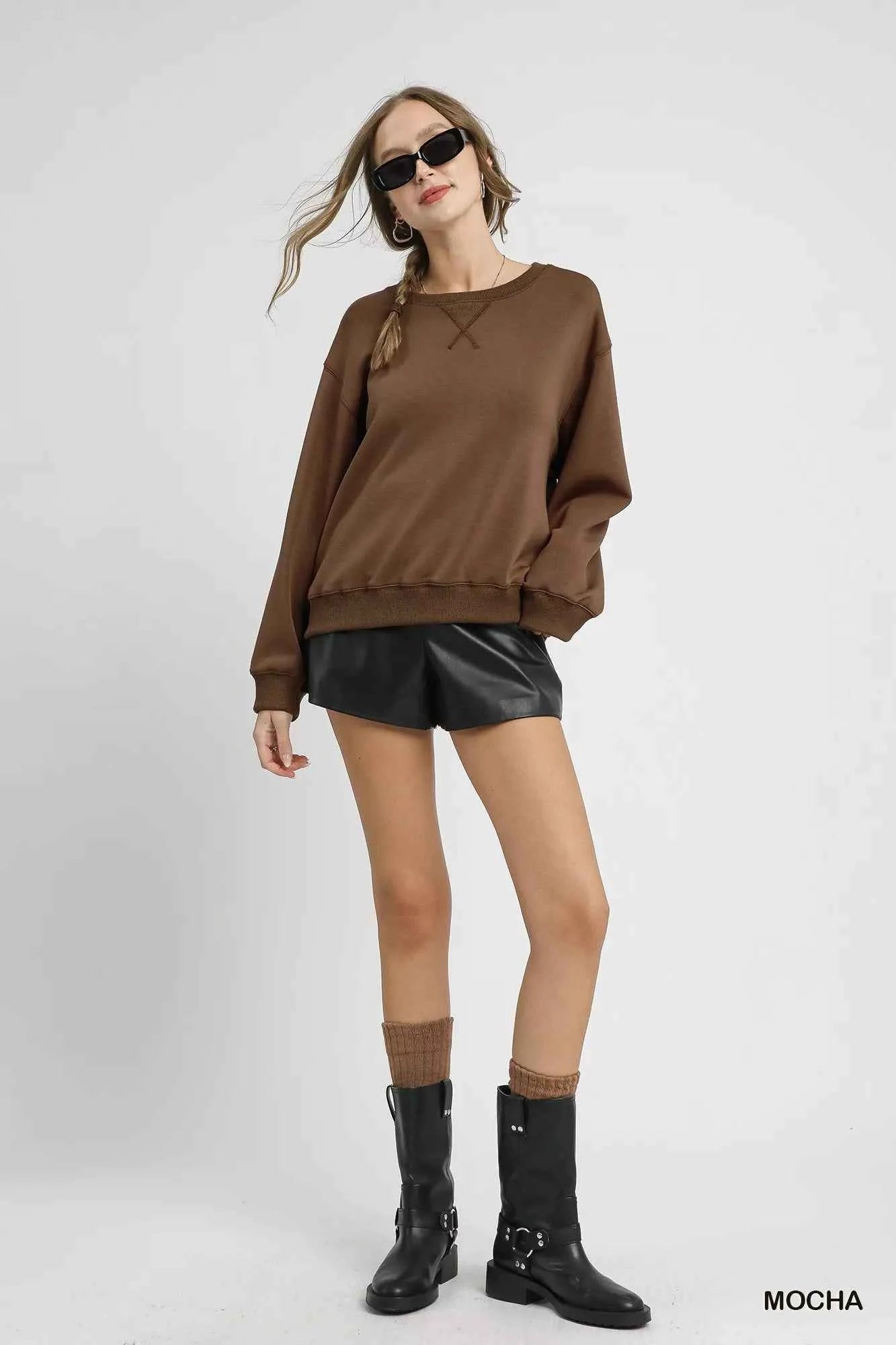 Umgee Round Neck Long Sleeve Fleece Sweatshirt 0a6312b2-8897-410e-bb32-8d26f0483576-Max-Origin