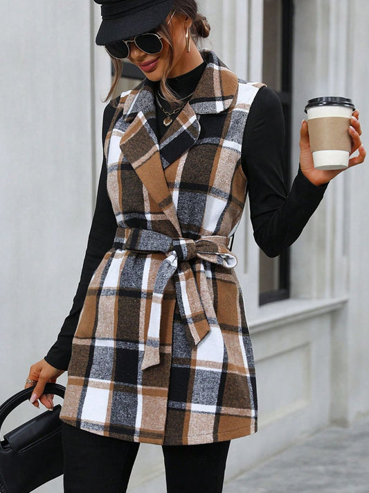 Tied Plaid Collared Neck Vest