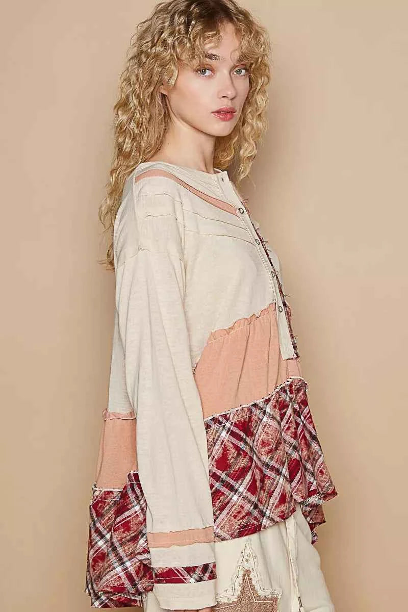 POL Round Neck Half Button Color Block Top with Merrow Edge Detail 0a668b87-7a5d-43d9-bdf4-58d28eddaf30-Max-Origin