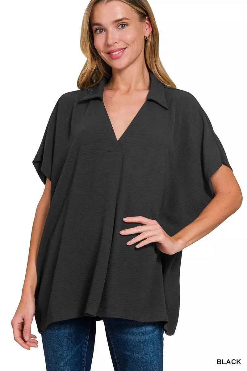 Zenana Woven Airflow Collared Short Sleeve Top BLACK 0a687d30a881452ab764db86e16a78e6-Max-Origin