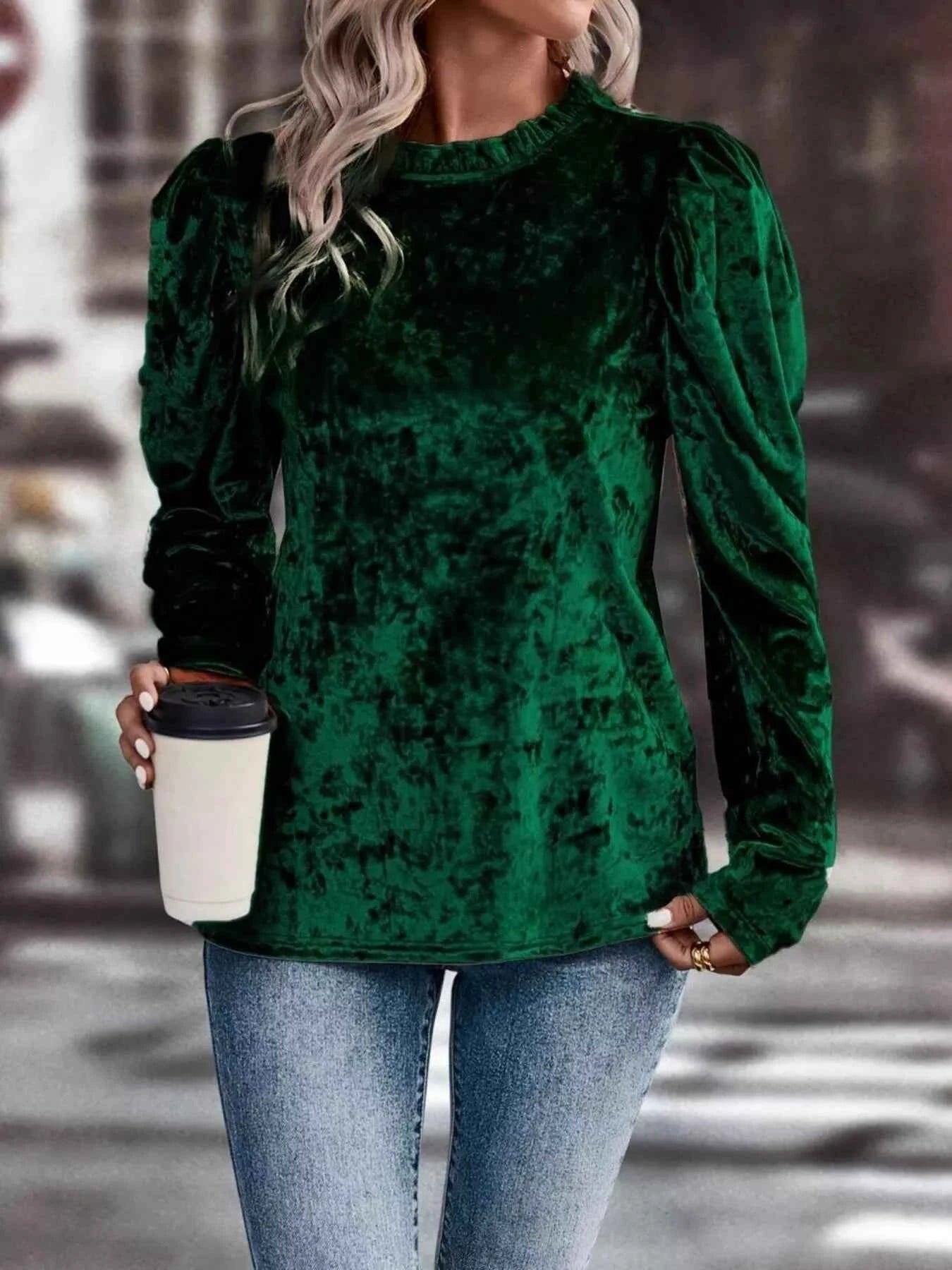 Velvet Frill Mock Neck Puff Sleeve Top Green 0a700f90fc834752a2d5462f7b565fa5-Max-Origin