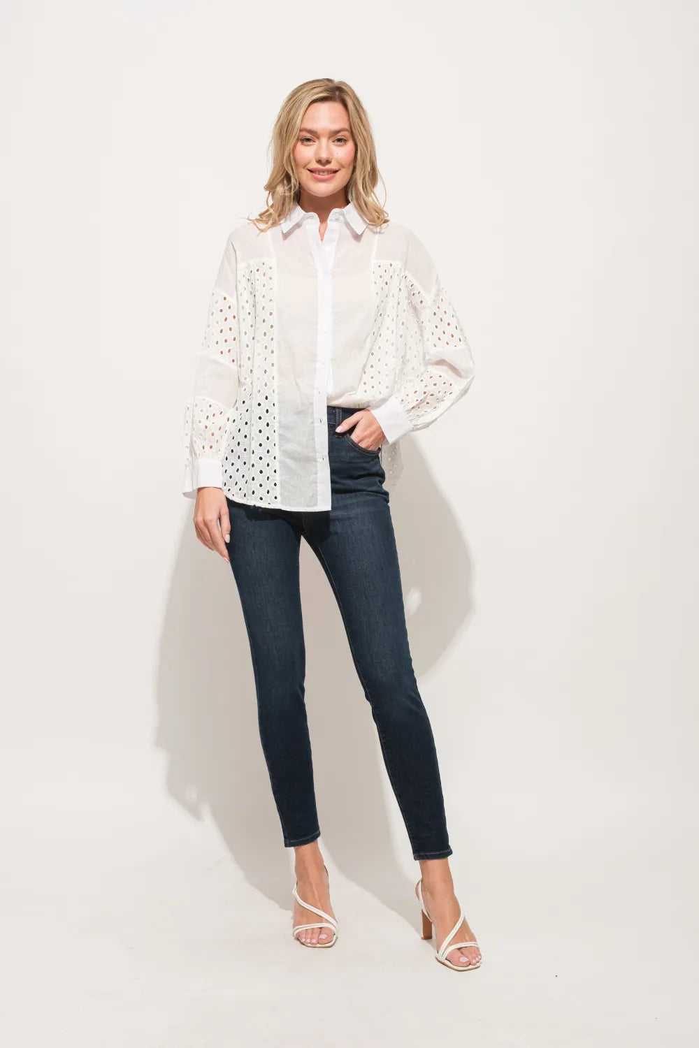 Eyelet Long Sleeve Button Down Shirt - 100% Cotton Opaque 0a70313f-1cbd-4951-b181-4d9d38f516be-Max