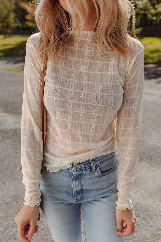 Sheer Plaid Mesh Lettuce Trim Long Sleeve Top 0a73879b-1232-429c-93fe-eff0818d700b