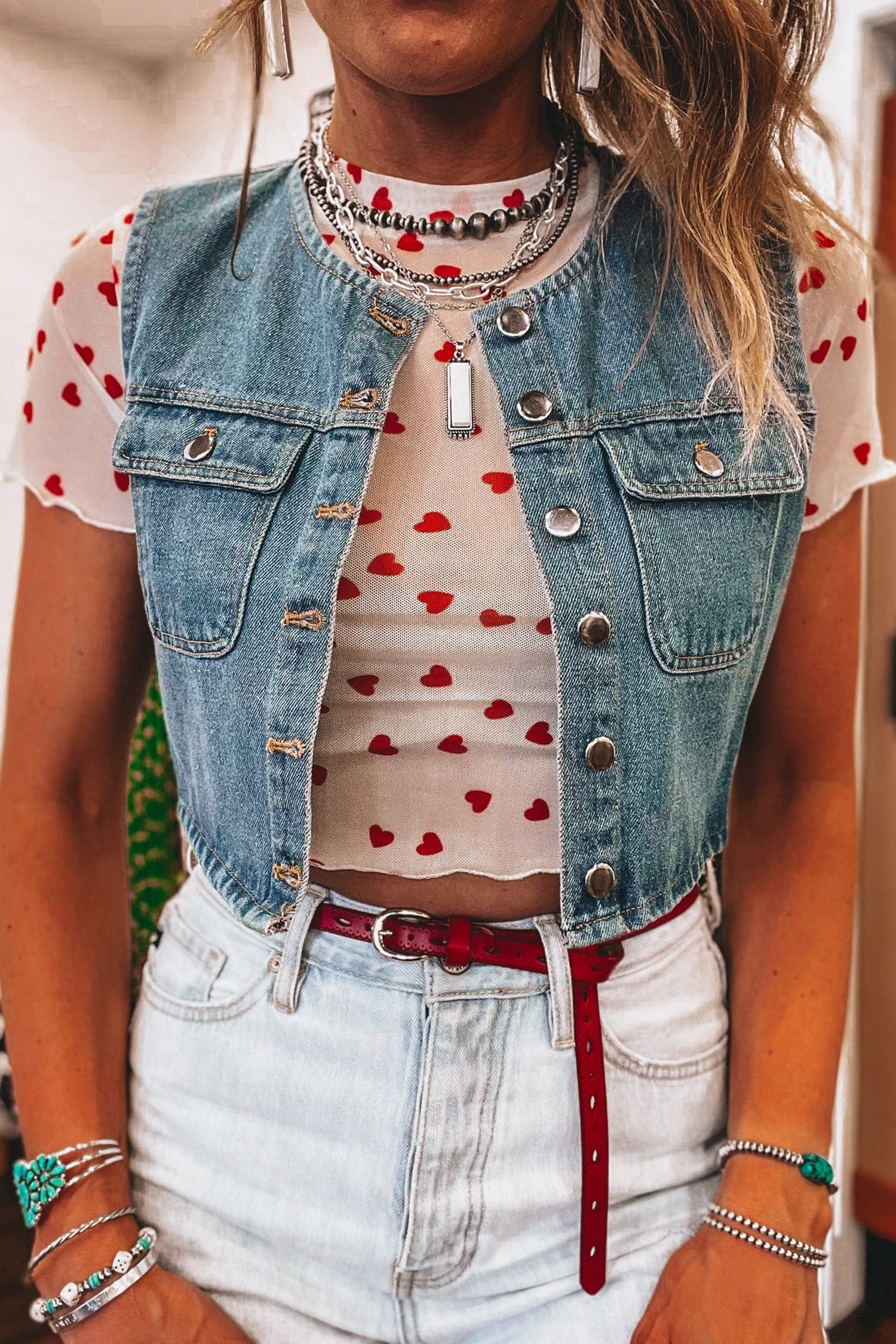 Racing Red Allover Heart Print Mesh Short Sleeve Top 0a779df82a186c5f