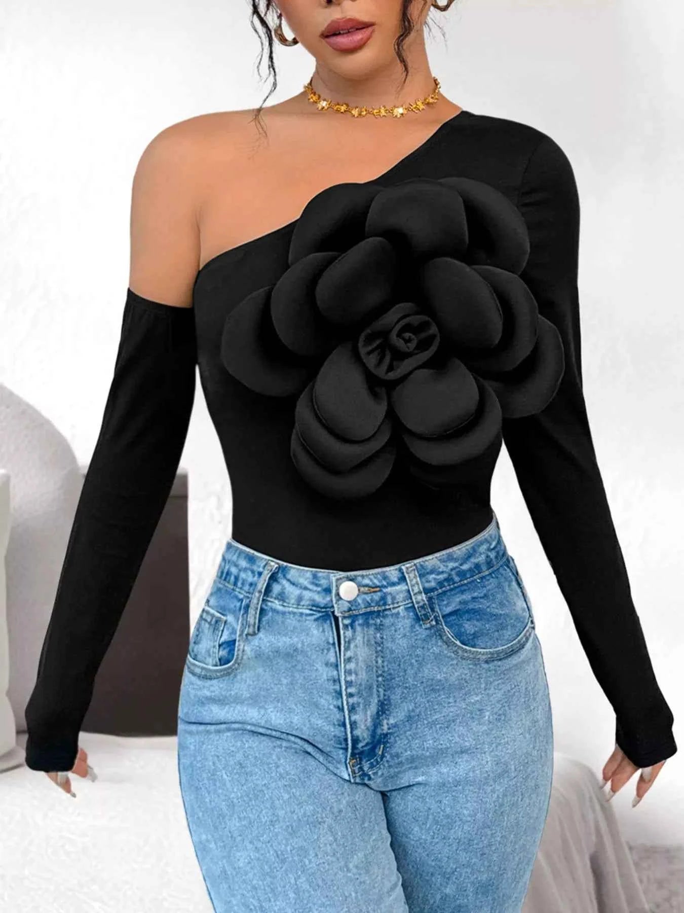 Flower Long Sleeve Single Shoulder Bodysuit 0a7be239-9d55-4d46-93c1-7f3c7c1bd0c7-Max-Origin