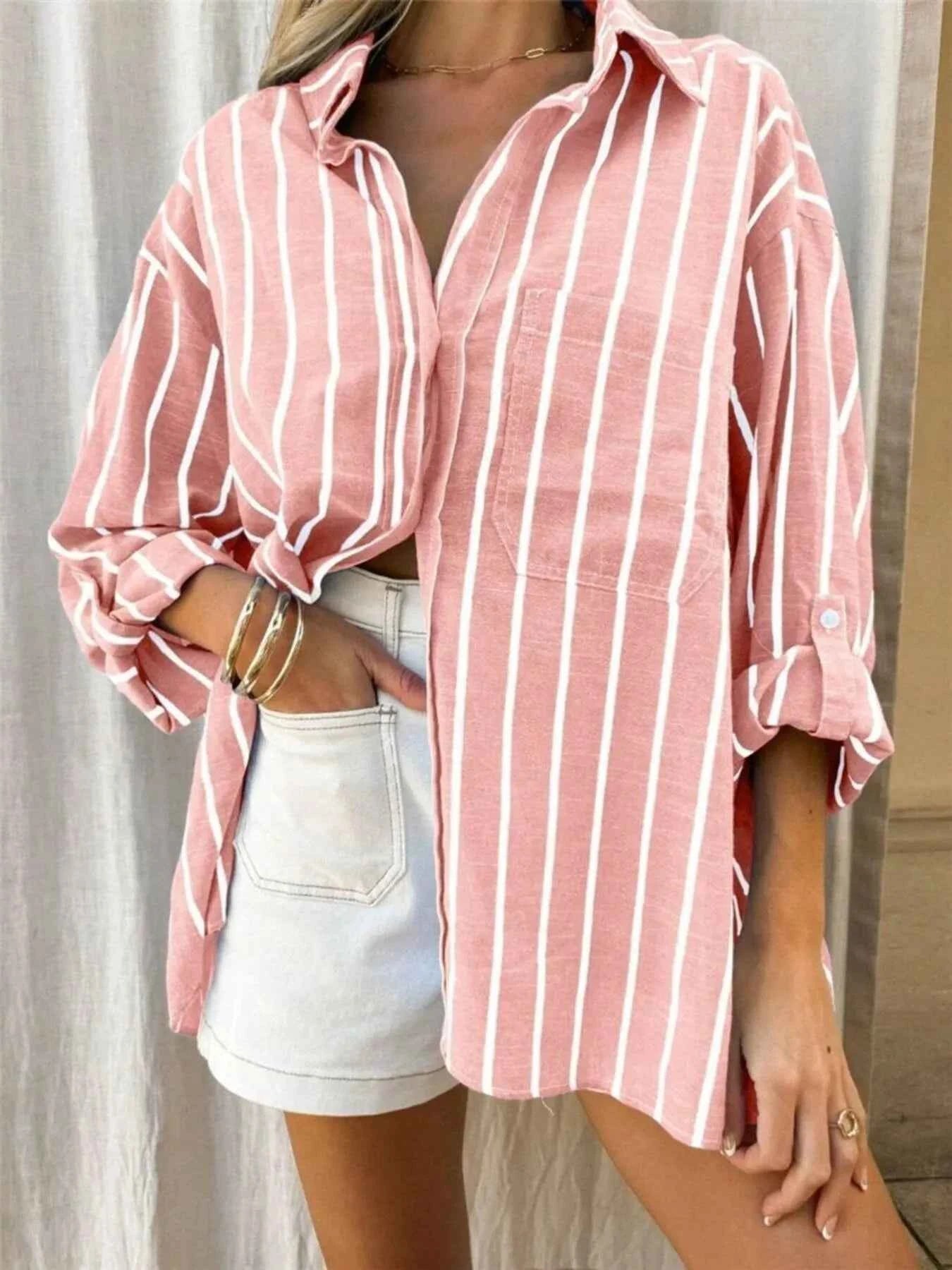 Striped Button-Up Shirt with Chest Pocket