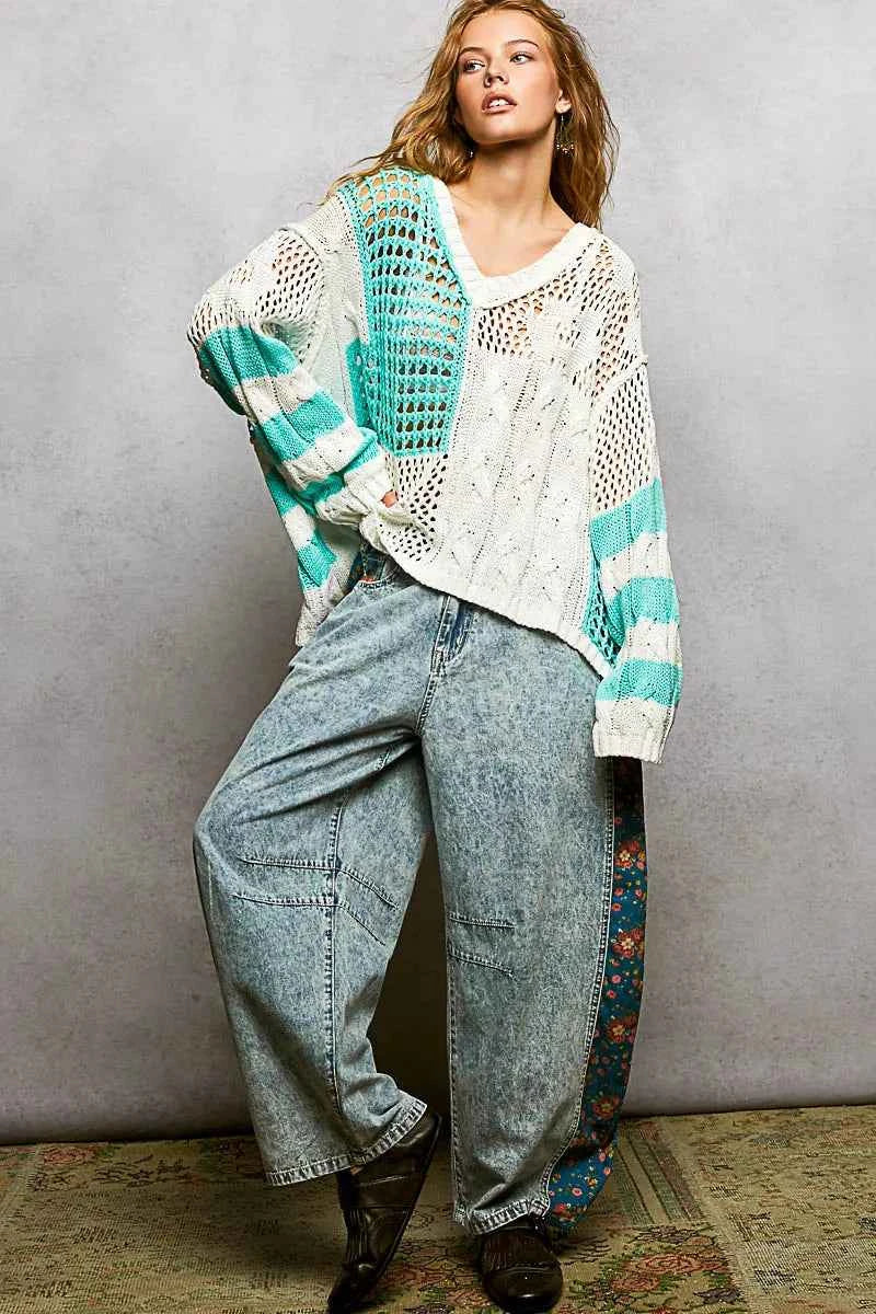 POL Color-Blocked Stripe Pattern Knit Top with Twisted Weave 0a7cd62c-f96e-4a10-876b-4a5b8d2b142b-Max-Origin