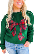 Evergreen Plaid Bow Graphic Christmas Sweater Evergreen 60%Cotton+40%Acrylic 0a875748e1b116ae