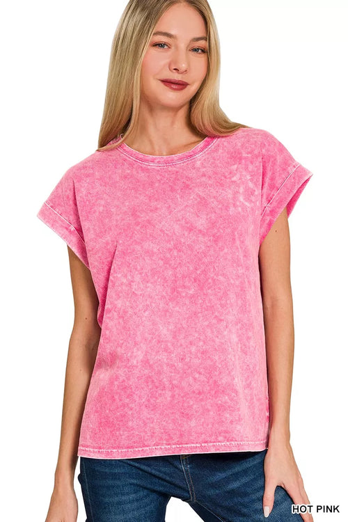 Zenana Halo Washed Cuffed Short Sleeve Tee HOT PINK 0a87b1184a6740cc932c3c3ea4a65c18-Max-Origin