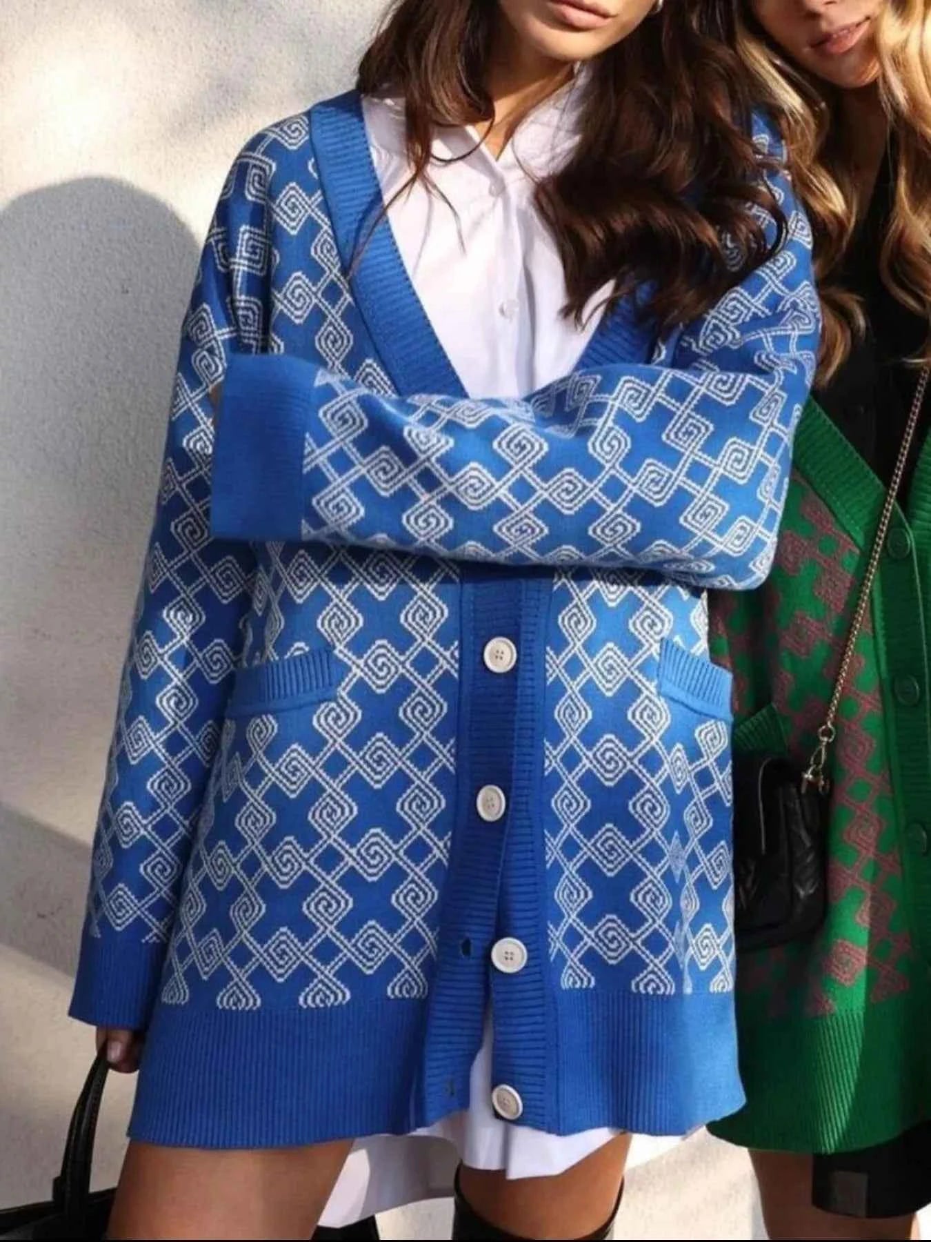 Geometric Pattern Button-Down Cardigan Blue off White 0a884e8d-d05f-4f05-88db-7828559bda91-Max-Origin