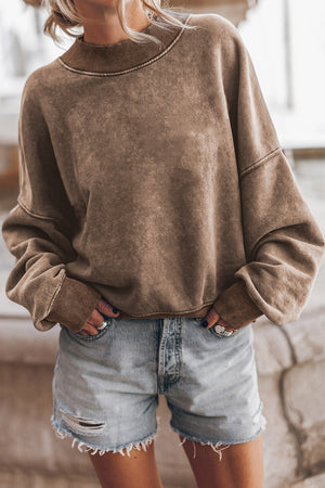 Brown Plain Drop Shoulder Crew Neck Pullover Sweatshirt Brown 75%Polyester+25%Cotton 0a8c530bc0c34f09