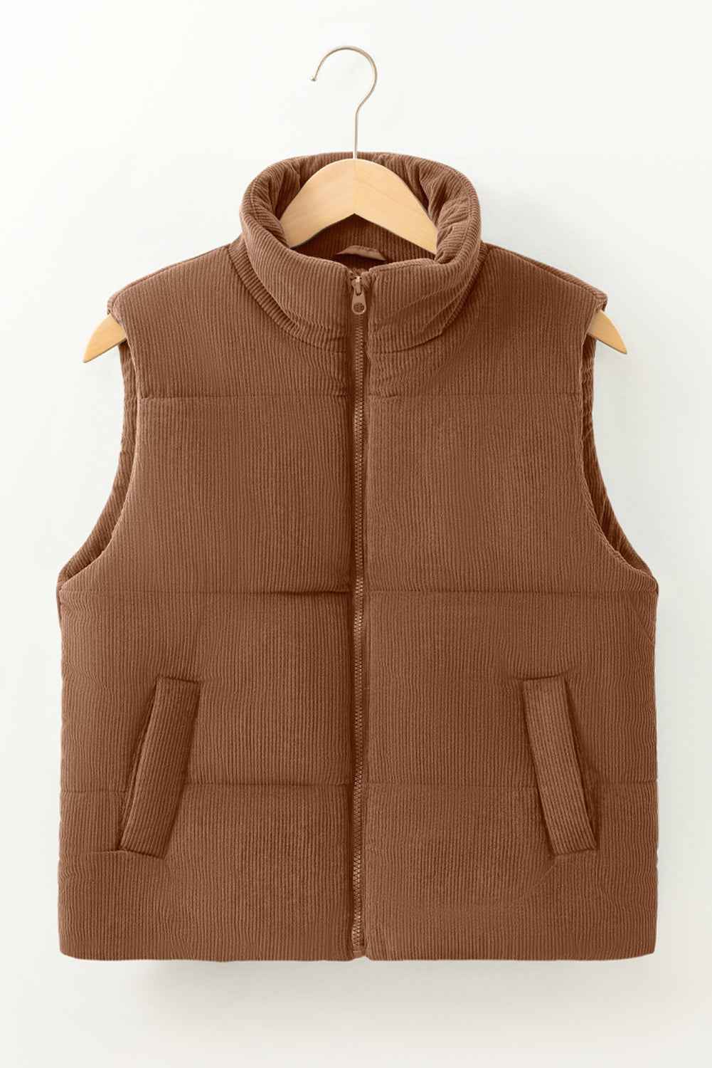 Coffee Solid Color Corduroy Puffer Vest Coat 0a8cc383fe718b26