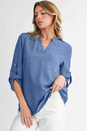 Ashleigh Blue Chest Pocket V Neck Plain Roll-up Sleeve Blouse Ashleigh Blue 100%Polyester 0a8dfdd5cdecc869