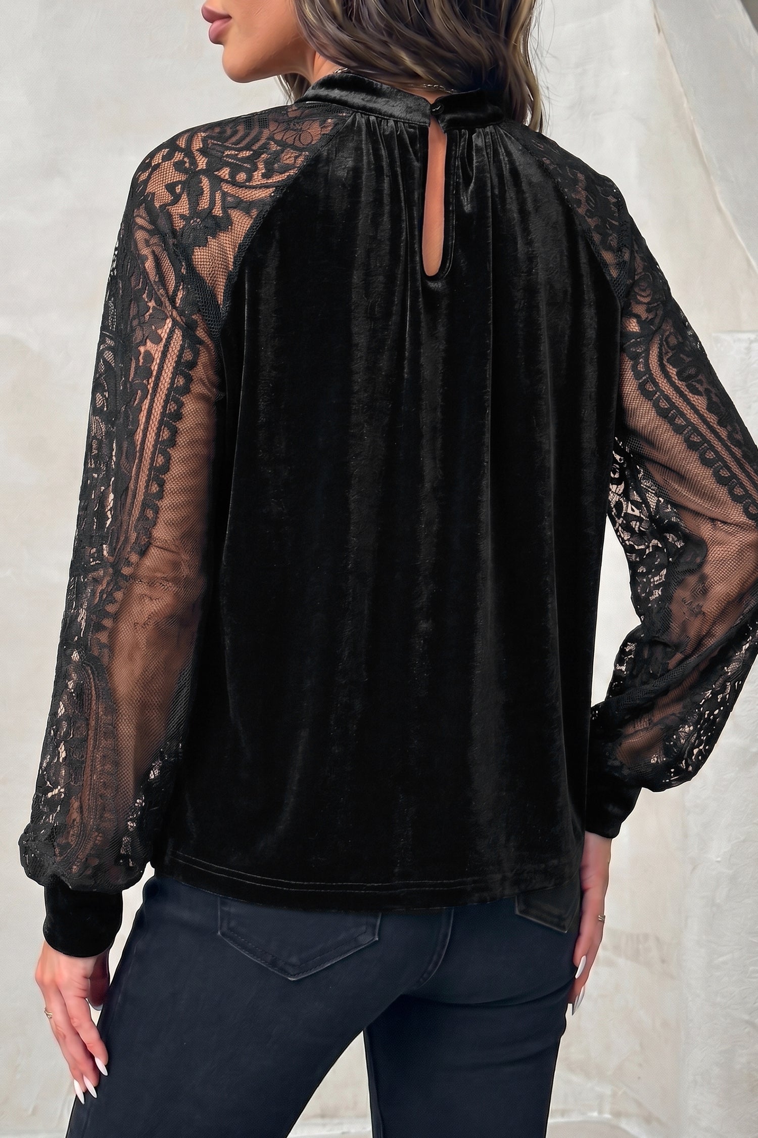 Color Black Solid Color Sheer Lace Long Sleeve Patchwork Stand Neck Velvet Blouse 0a900297a5ecc02f