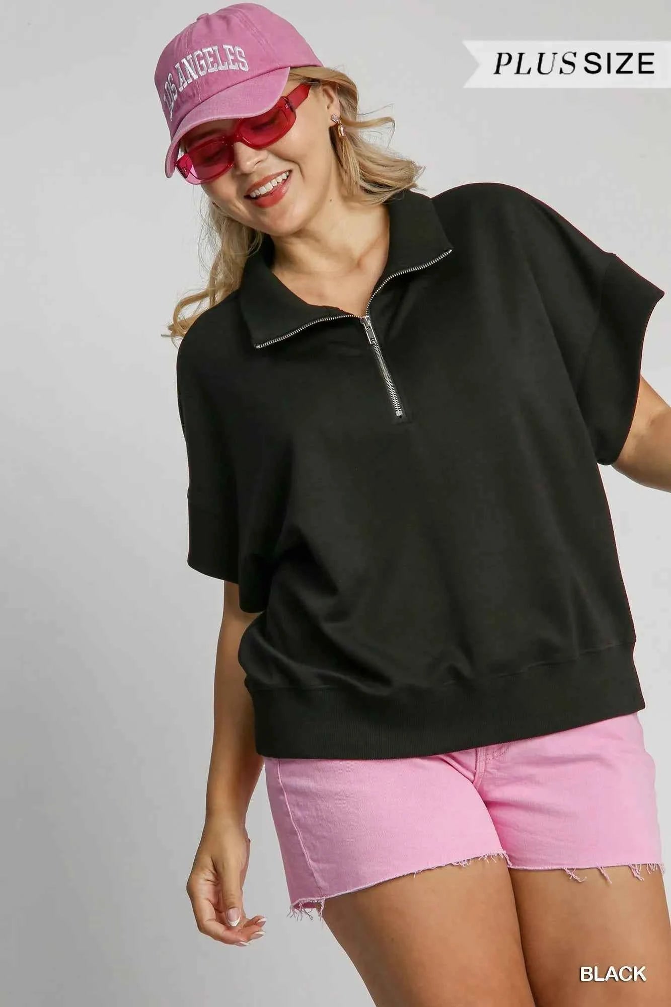 Umgee Full Size Half-Zip Short Sleeve Top Plus Size 0a943a9a-7fe8-4369-b76c-e09bf1d7c82f-Max-Origin